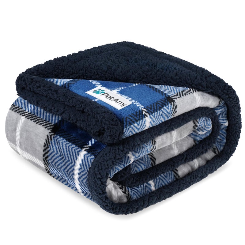 PetAmi Waterproof Dog Blanket for Medium Large Dog Puppy Cat Throw for Couch Cover Leakproof Protection, Sherpa Fleece, Reversible Soft Washable 60x40 Plaid Navy Blue - Image 1